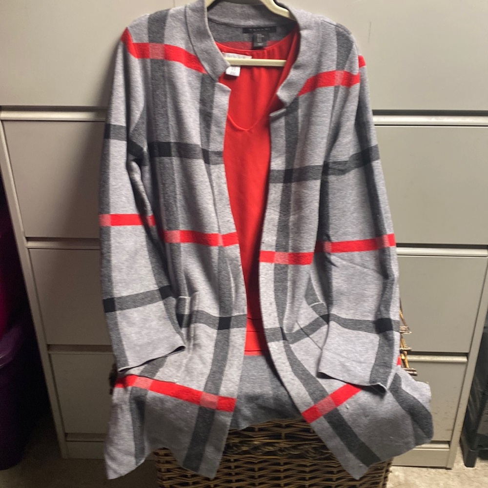 Tahari Womens Size XL New Gray Black Red Window Pane Sweater Open Front Cardigan